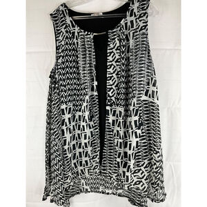Toz & Ali Sleeveless Blouse Geometric Print Overlay Mesh Size 2X Black White New